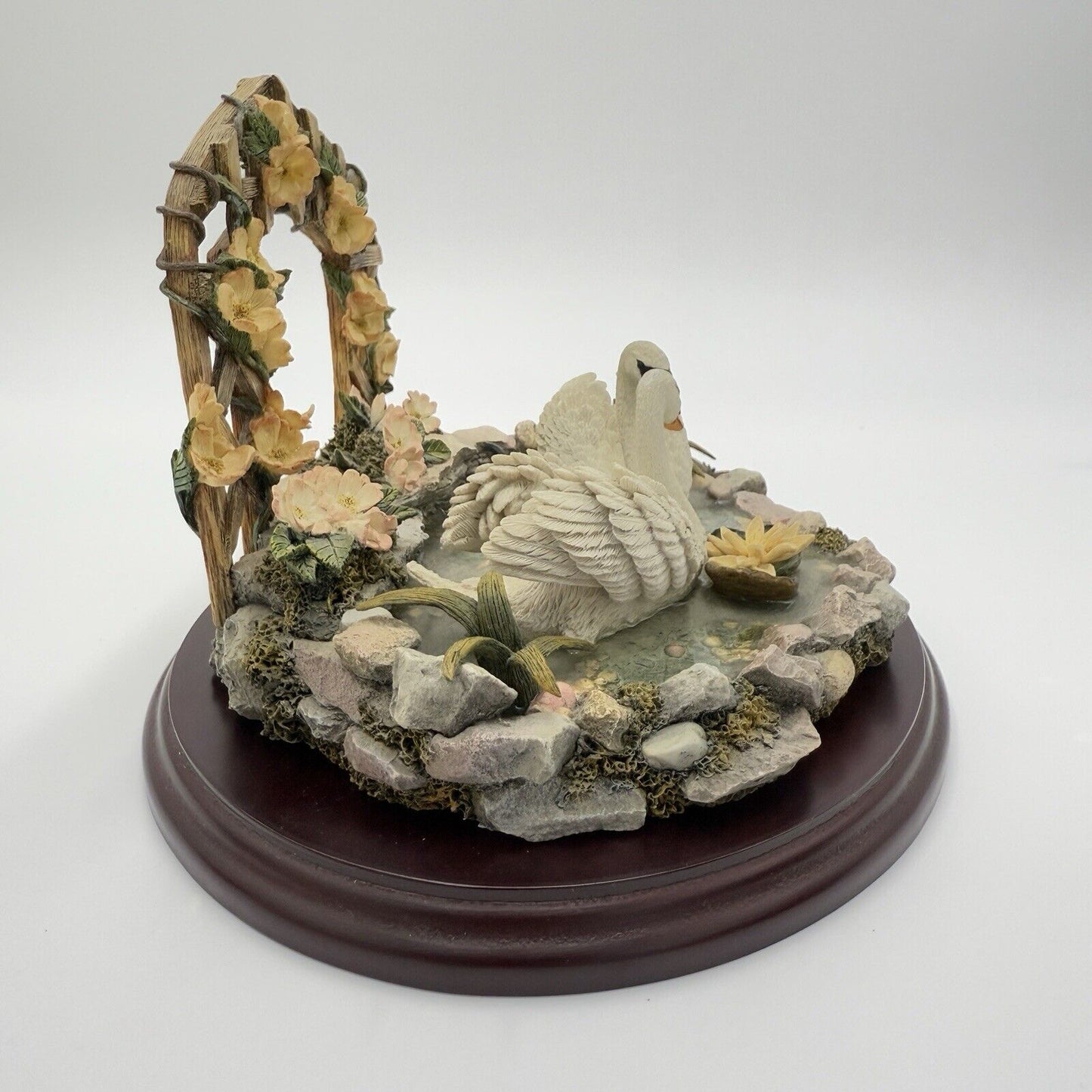 LENOX Rose Arbor Pond Swans sculpture Wood Base Figurine Resin