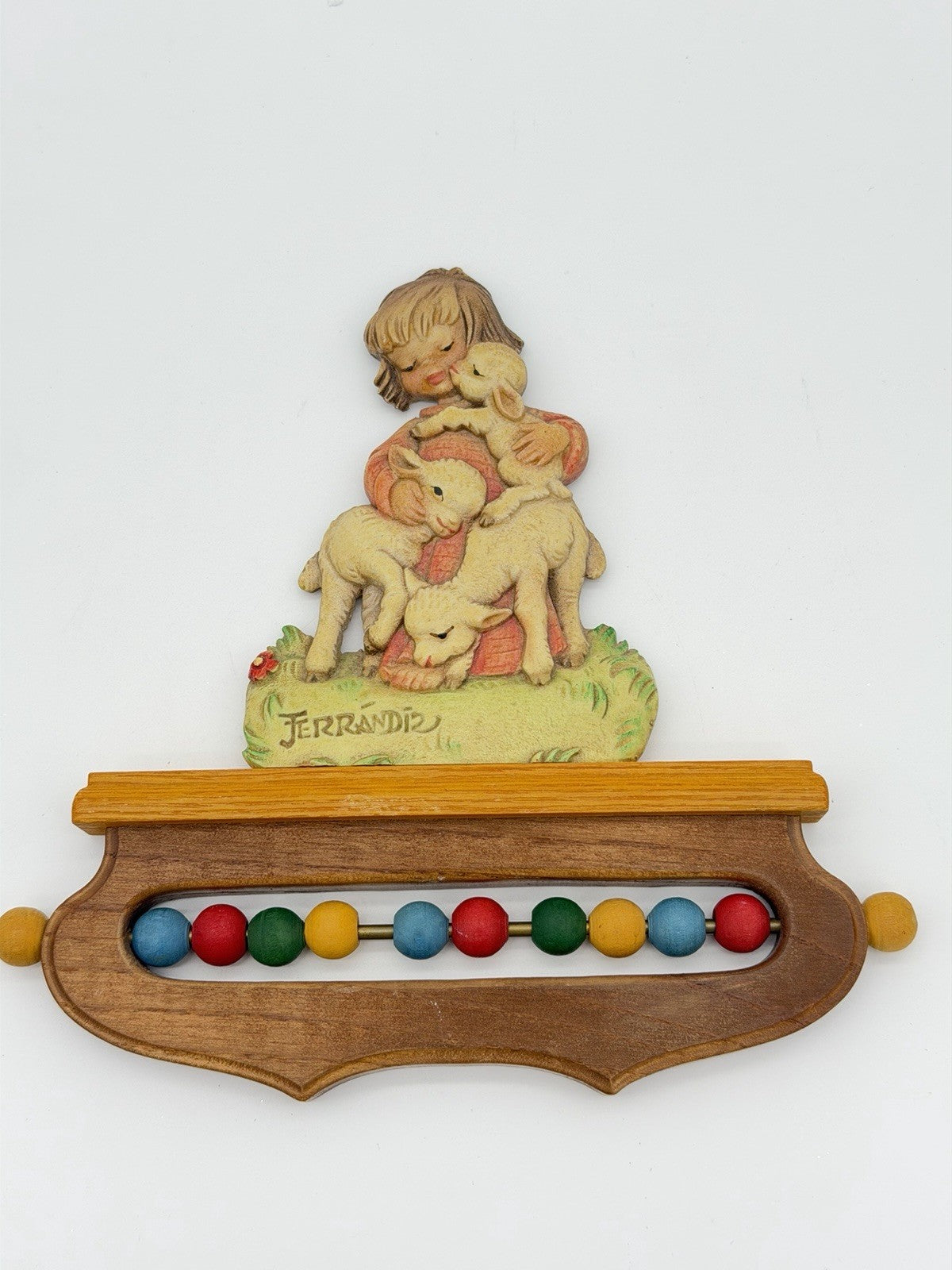 ANRI Ferrandiz Italy wood carving nursery wall decor child w/ lambs abacus