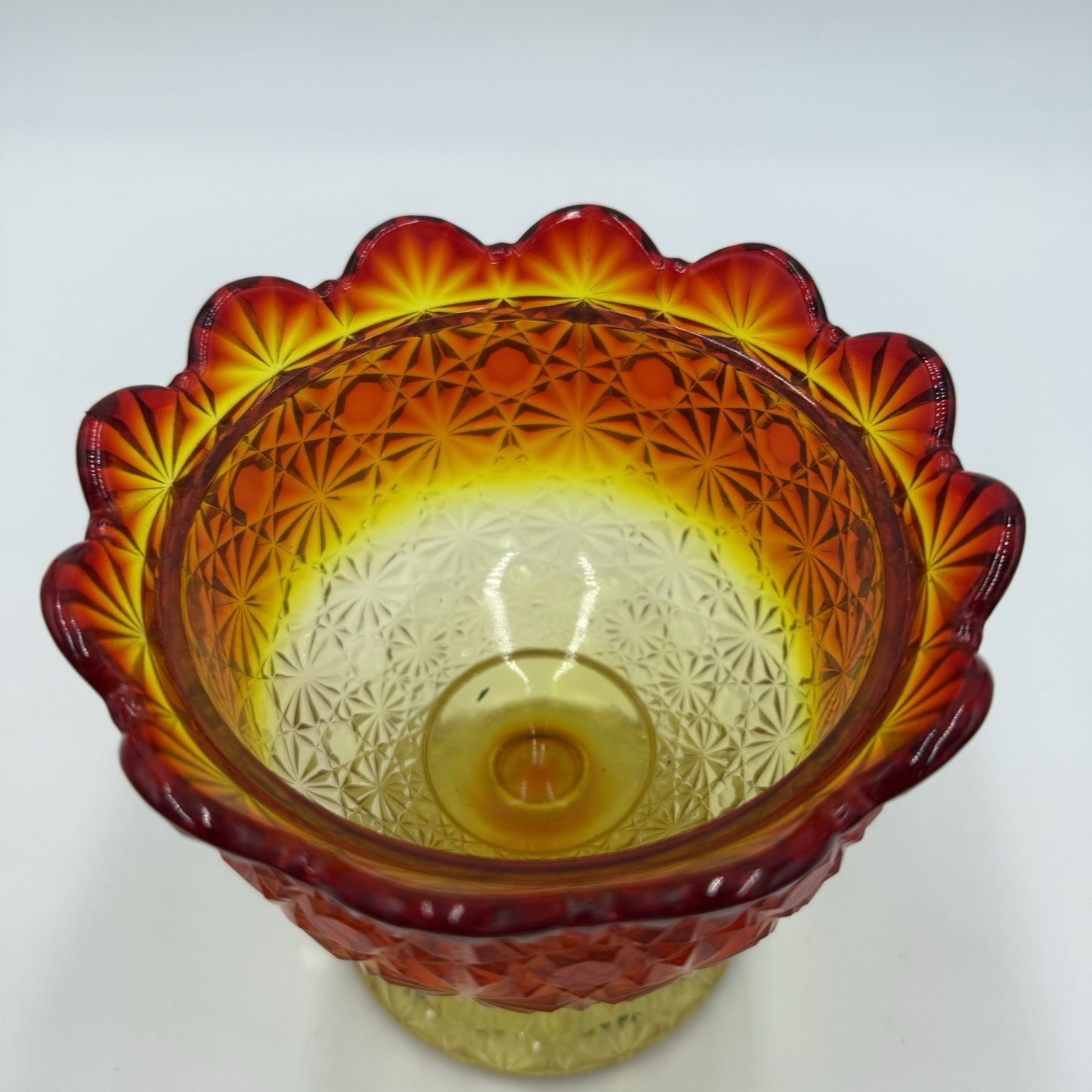 Vintage L.G Wright Daisy & Button Amberina  compote candy dish 7.5” Art Glass