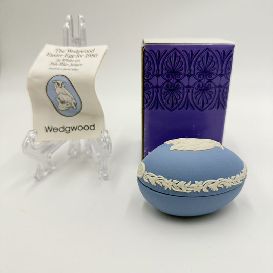 Wedgwood England Easter Egg Owl 1980 Blue Jasperware Original Box/Papers