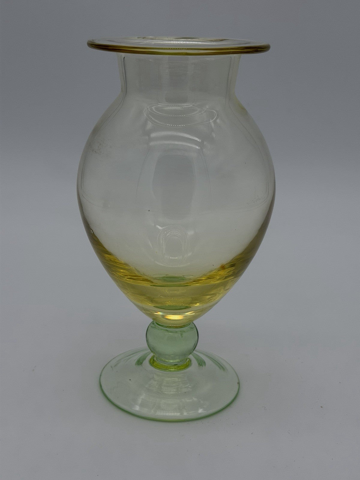 Vintage Tiffin art glass yellow w/green footed base Flower Vase 7”H Pedestal