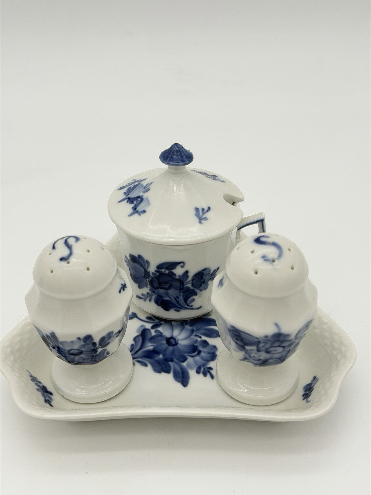 Royal Copenhagen Denmark Porcelain Salt & Pepper Tray Mustard Pot Set 5 PCs