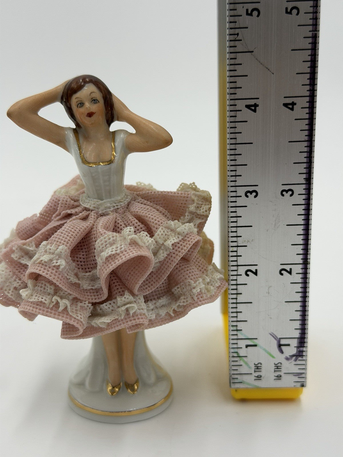 Vintage Dresden Porcelain Lace Victorian Lady Figurine Pink Dress 4” Germany