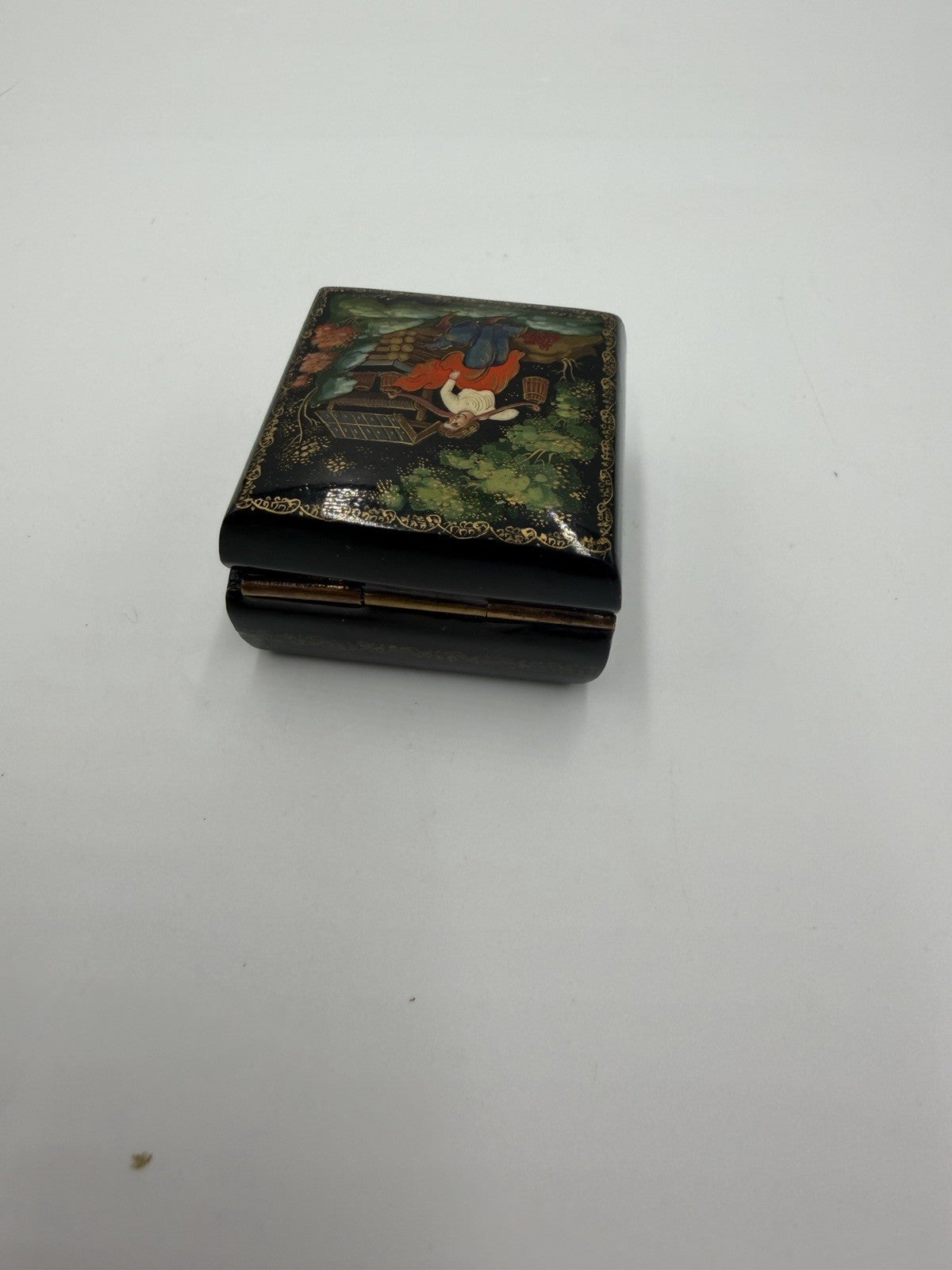 Folk Art Russian Wood Lacquer Box 80s Handpainted Fairy Tale Woman in the Well