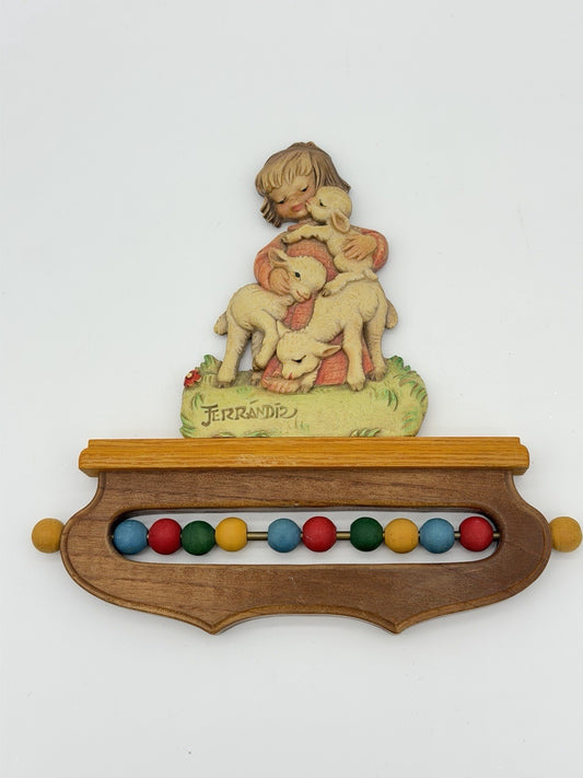ANRI Ferrandiz Italy wood carving nursery wall decor child w/ lambs abacus
