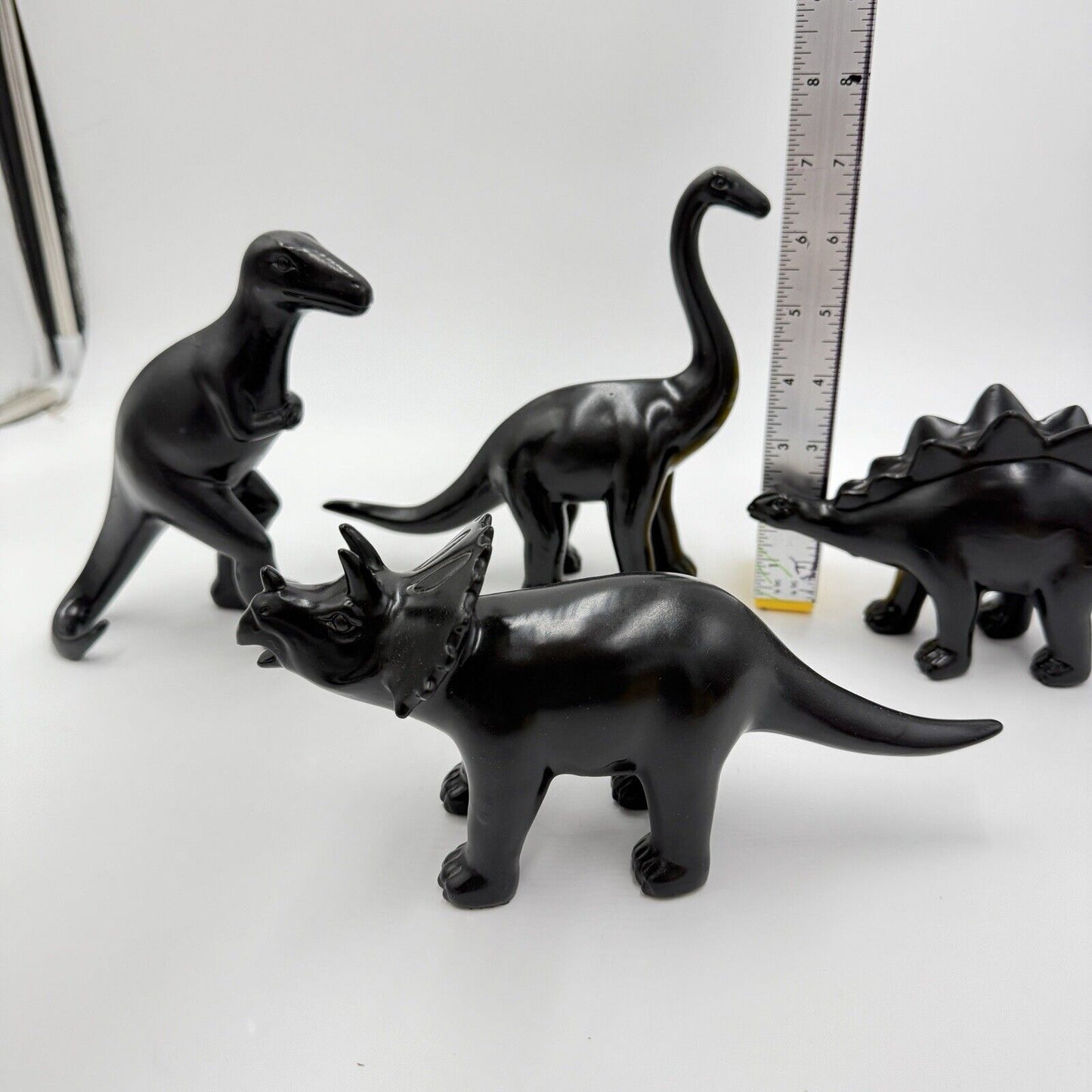 Wooden Dinosaurs Black Solid Carved Set 7” Toys Decor Painted Art Figurines