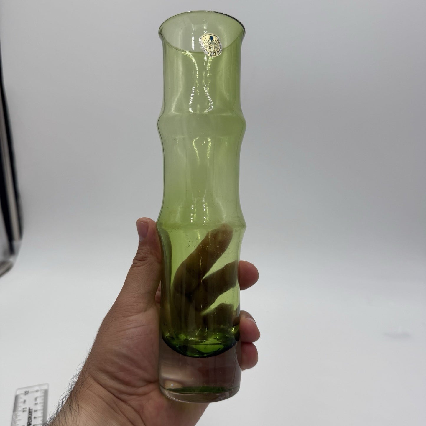 MCM SWEDISH ASEDA ART GLASS Green BO BORGSTROM GLASBRUK Bamboo VASE 9in