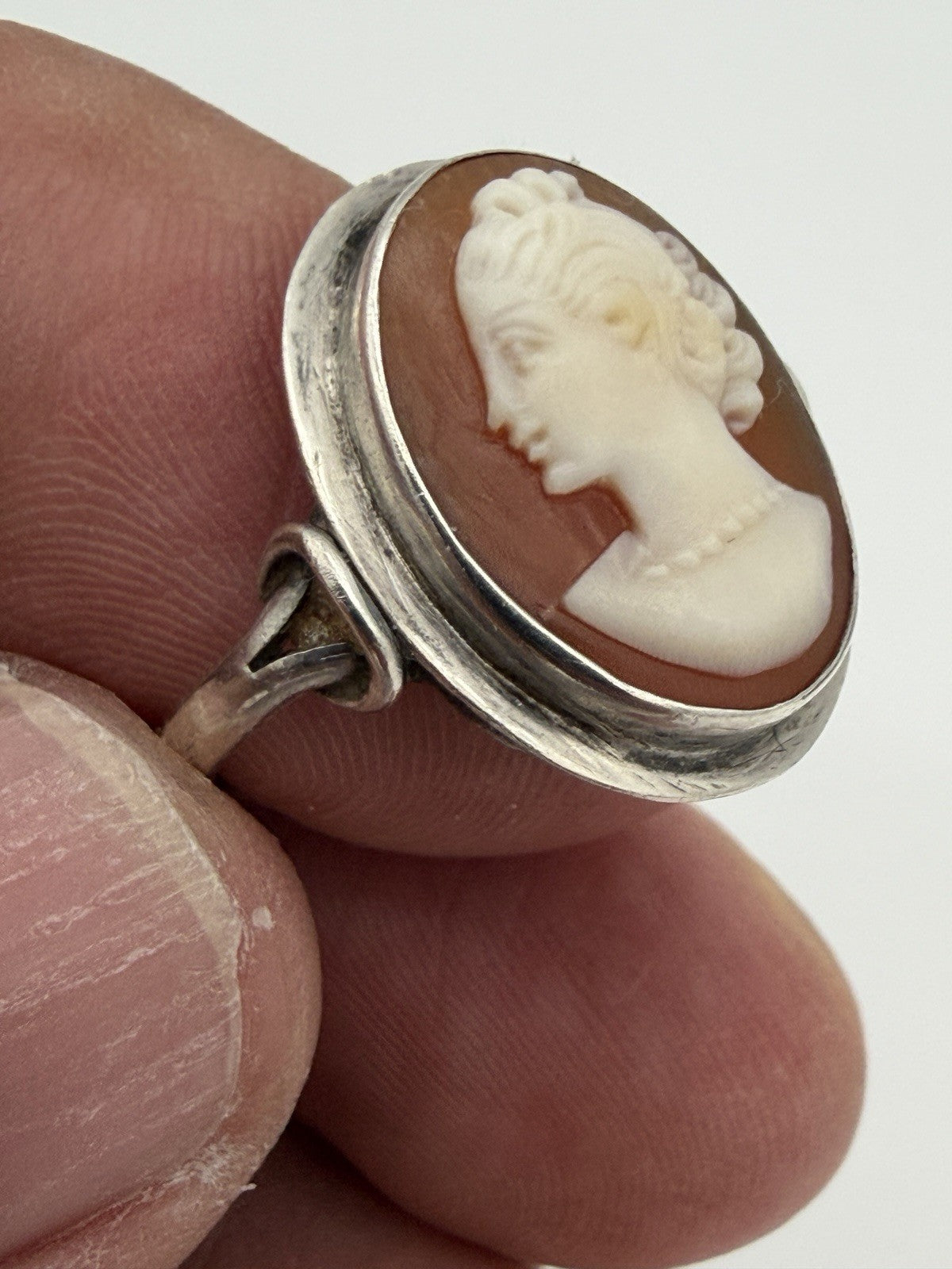 Antique Victorian Cameo Ring Silver Size 5.5 Hand-Carved Shell Design