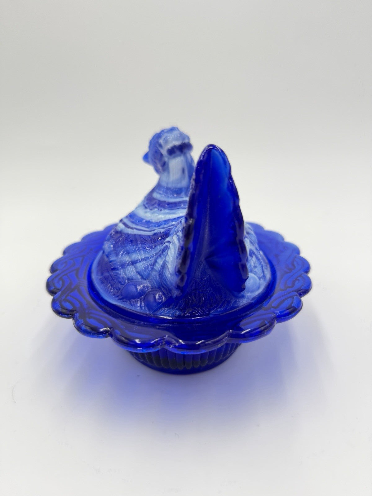 Mosser Art Glass Swirl Hen On Nest 6.5" Cobalt Blue & White Slag Covered Dish