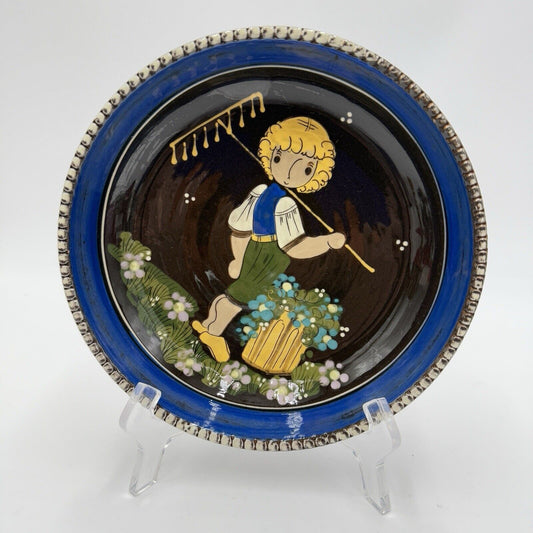 Hugo Kohler Biel Swiss Art Pottery Painted Swiss Folk Art 8" Plate Boy Figurine