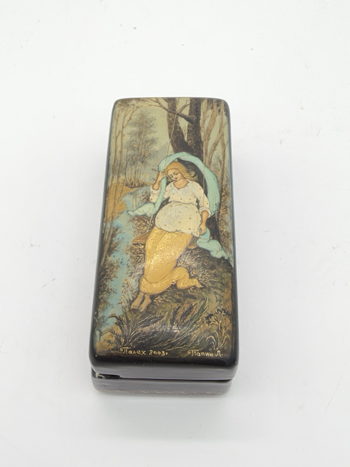 handpainted Russian lacquer miniature trinket box Palekh signed Lapin L Folk Art