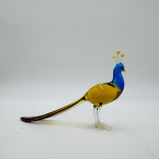 Rare Art Glass Hand Blown Peacock Miniature Figurine Amber Blue Detailed Mint