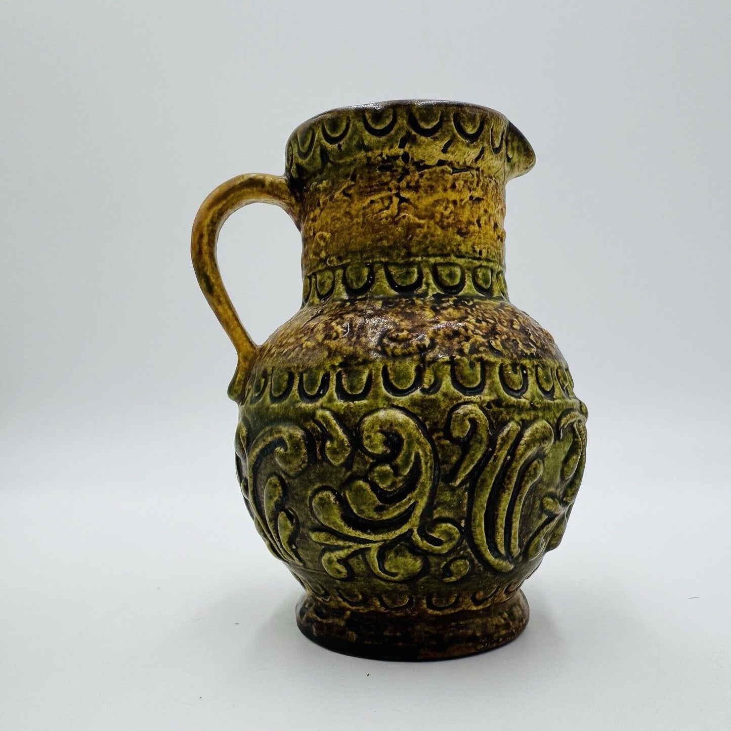 MCM Jasba pottery # 167715 art pitcher jug vase West Germany 6” Embossed