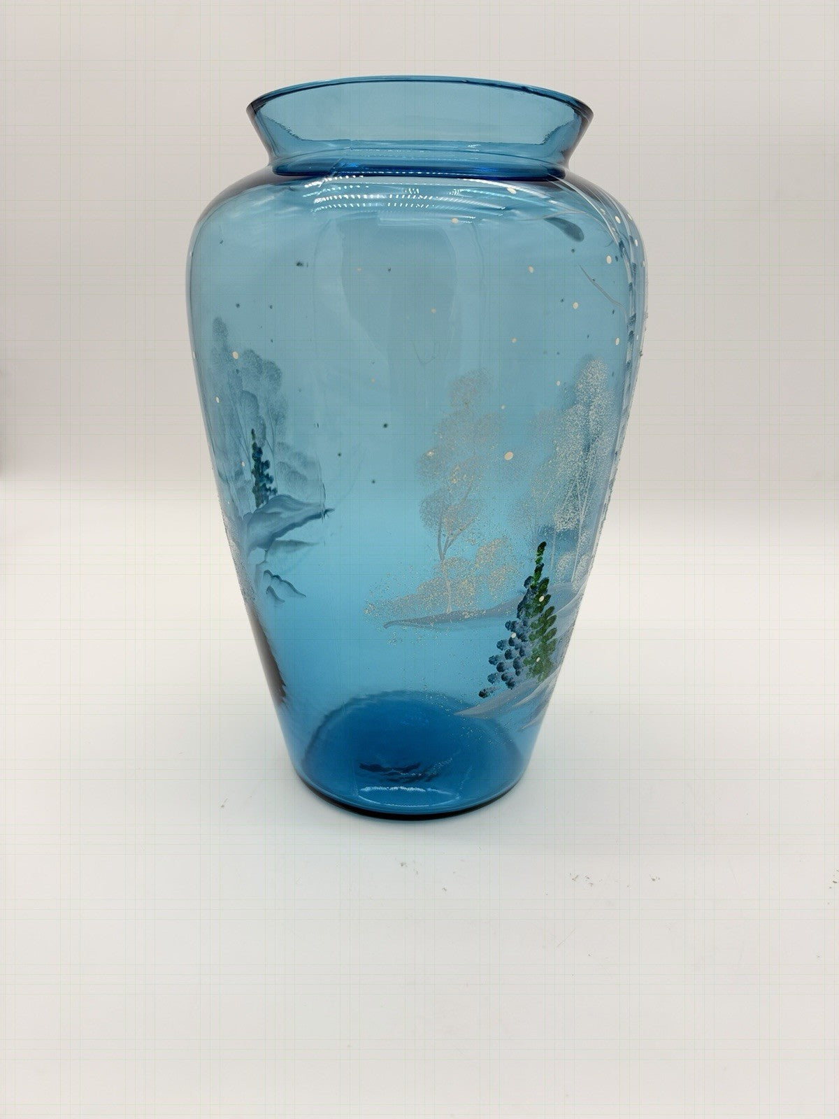 Fenton Art Glass Quality Blue Hand Painted Winter Christmas Scene Vase 8.5”H