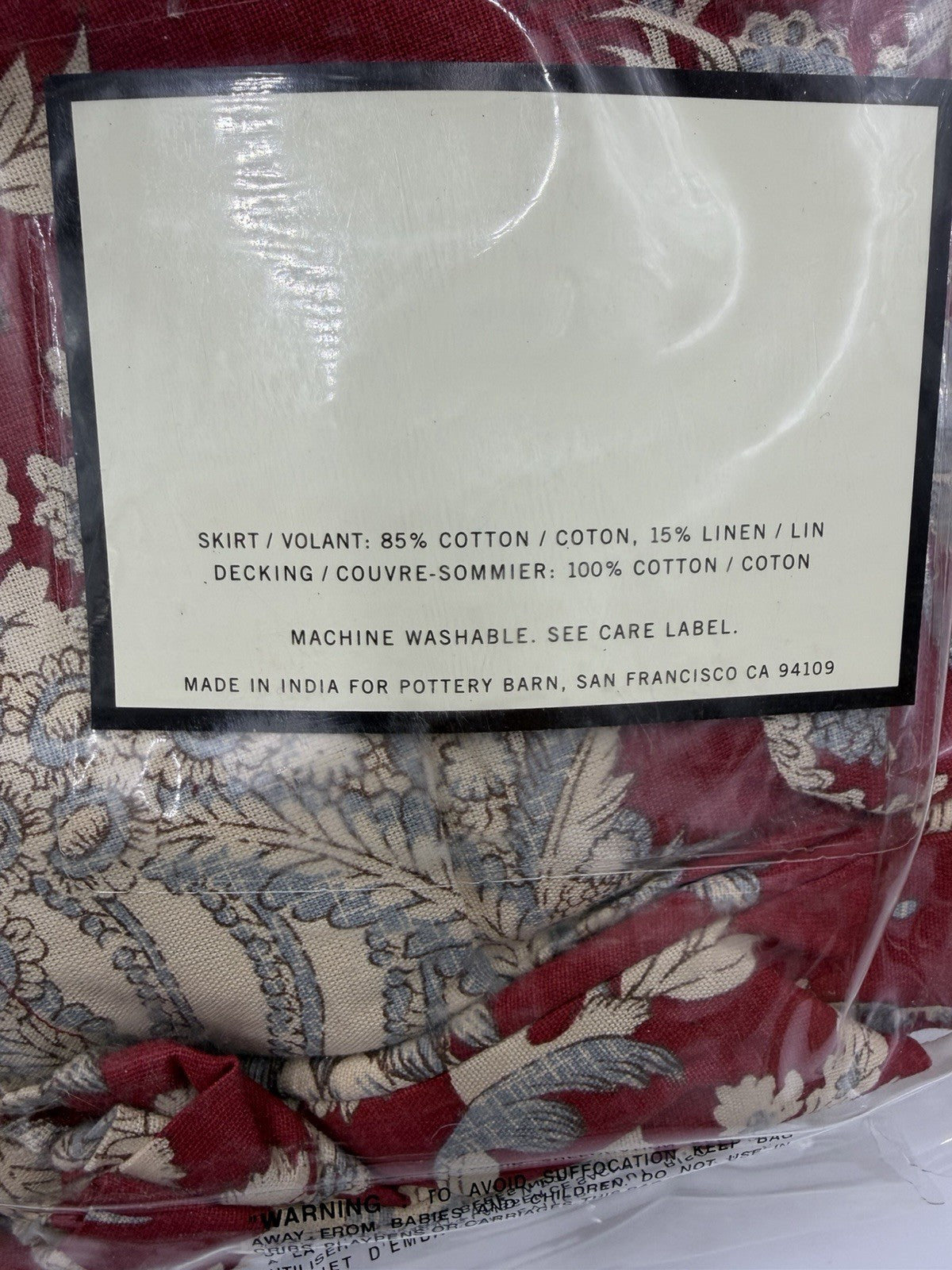 Pottery Barn Margaret bed skirt juponnage Cotton Linen Floral Beige Red Queen