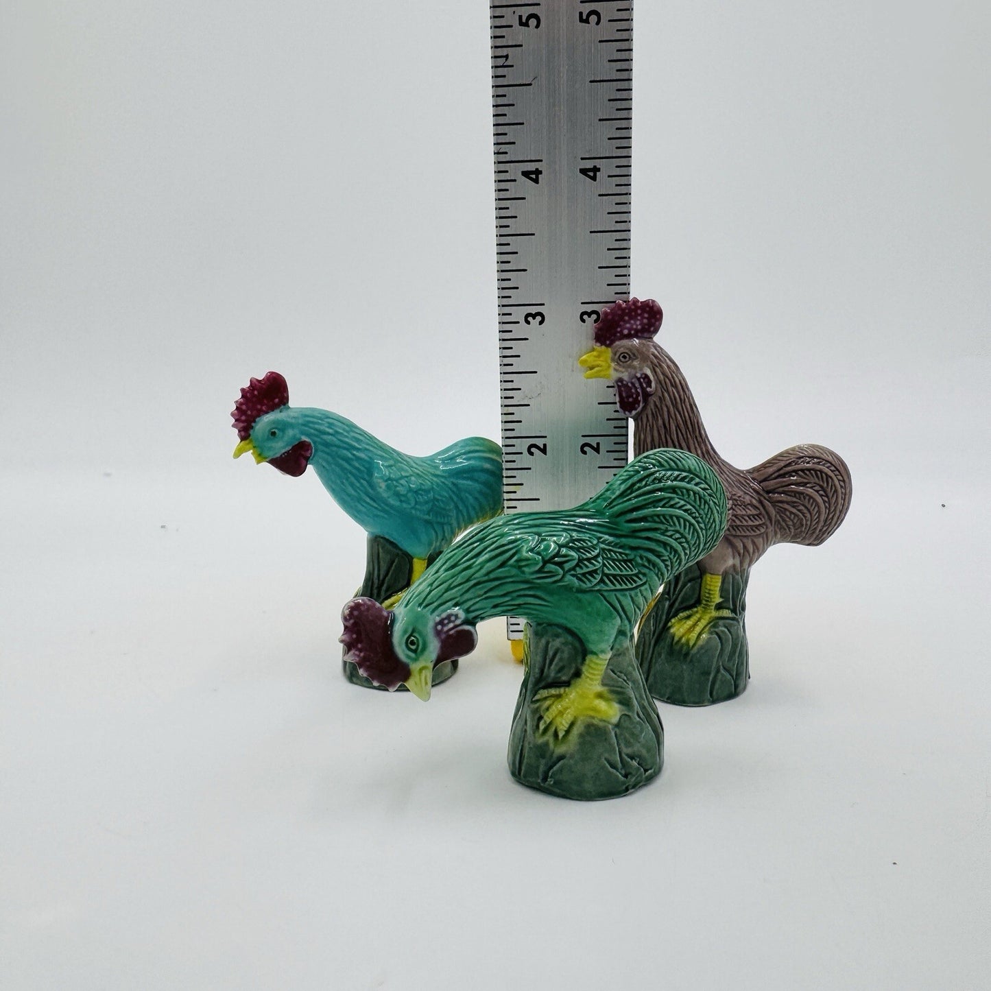 Rare Vintage Chinese Ceramic Roosters Miniature Set Export Figurines