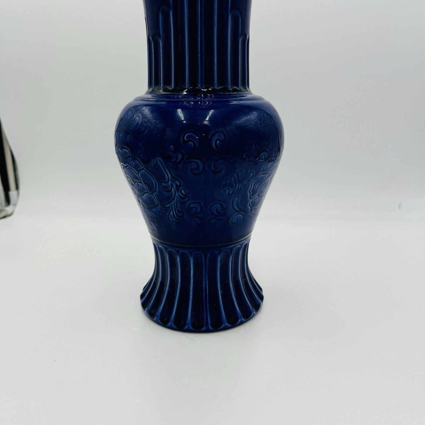 Hyalyn Pottery Vase 15in Cobalt Blue Floral Etched USA #571 MCM Large Standing