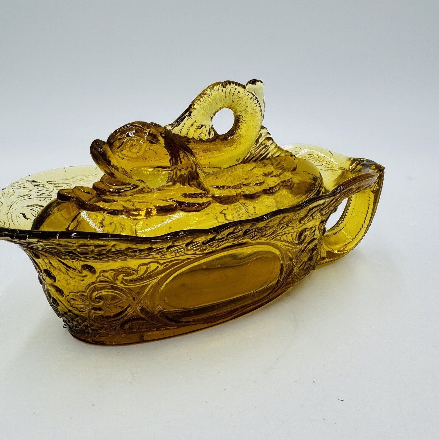 Gravy Boat Dish Dolphin Koi Fish Finial Amber Glass Lid Covered Bowl MCM