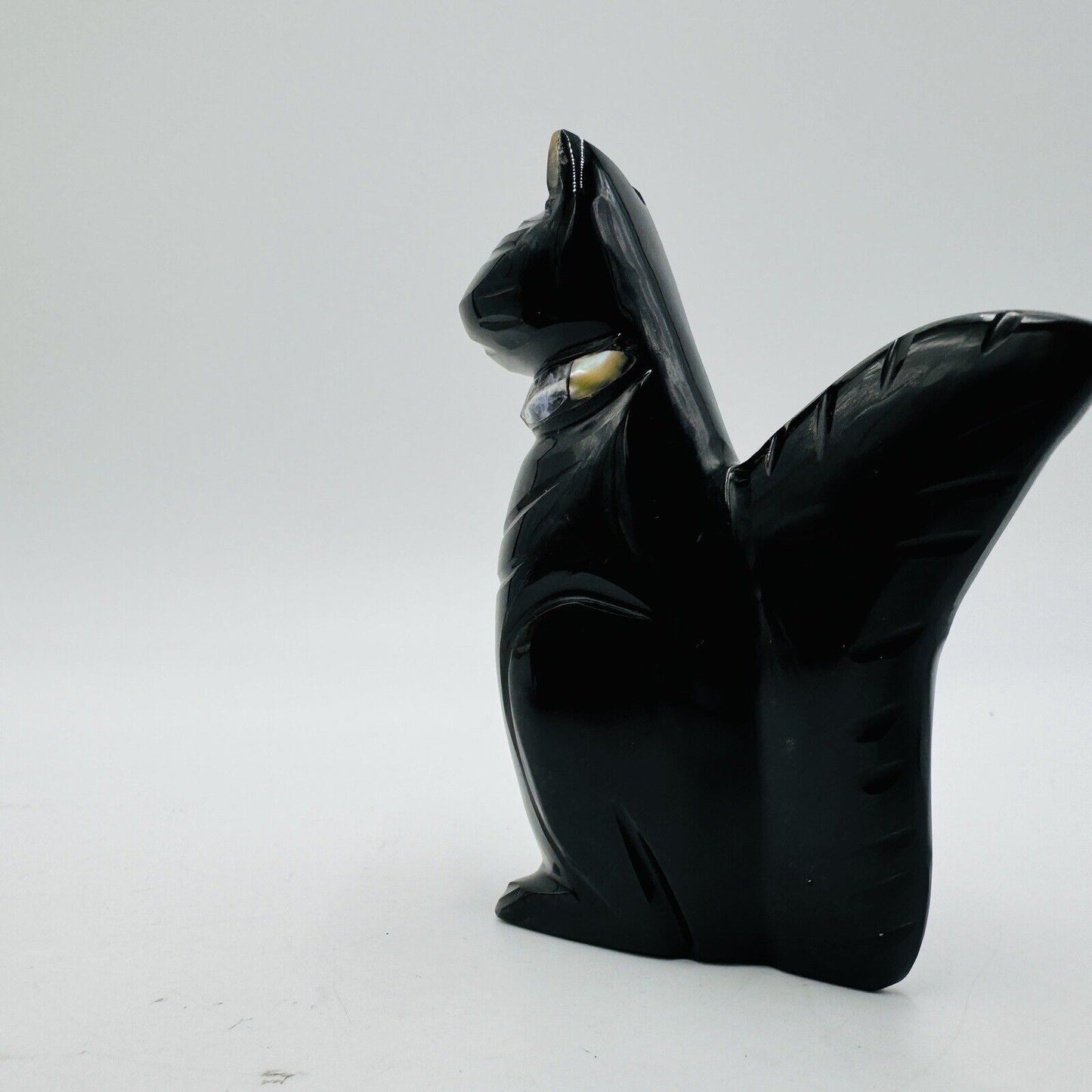 Carved Black Obsidian Cat Figurine Abalone Ears, Gemstone Collar 3.5in Signed