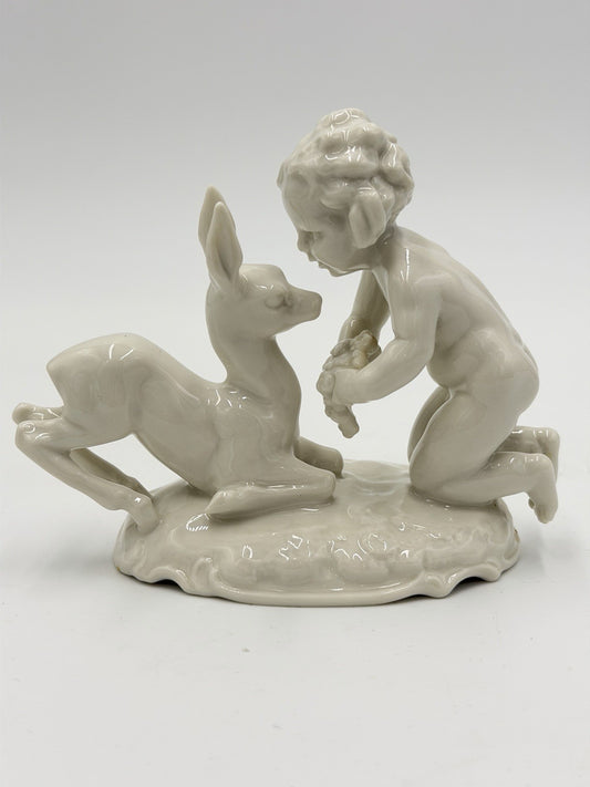Hutschenreuther Kunstabteilung Putto w/Fawn German Porcelain Figurine Vtg 4”H