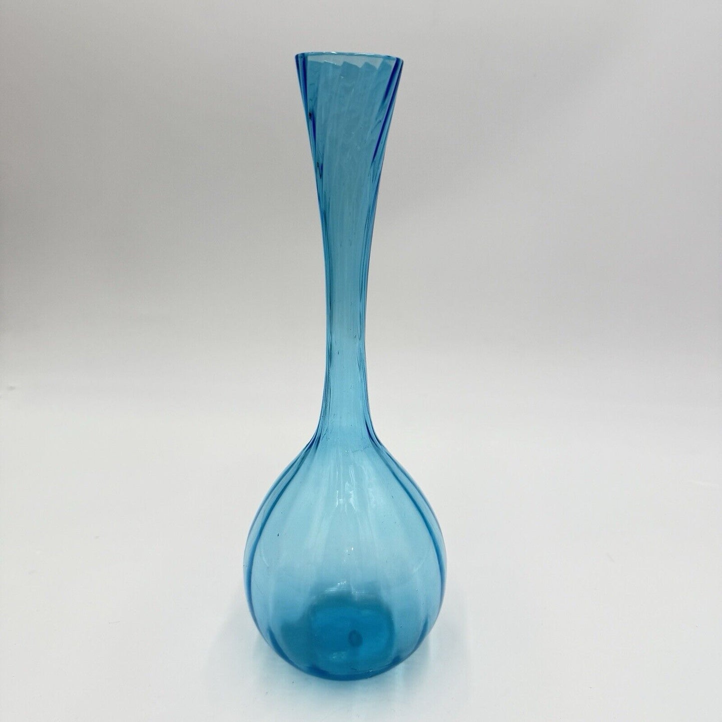 Vintage Swedish Art Glass Flower Bud Aqua Blue Bulb Glass Vase 10” Swirl