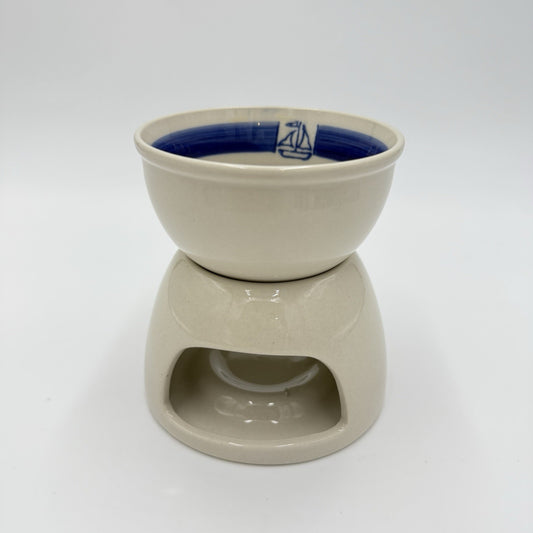 Pottery Barn Stoneware Oil/butter Warmer Sailboat Blue Stripes 4.3”