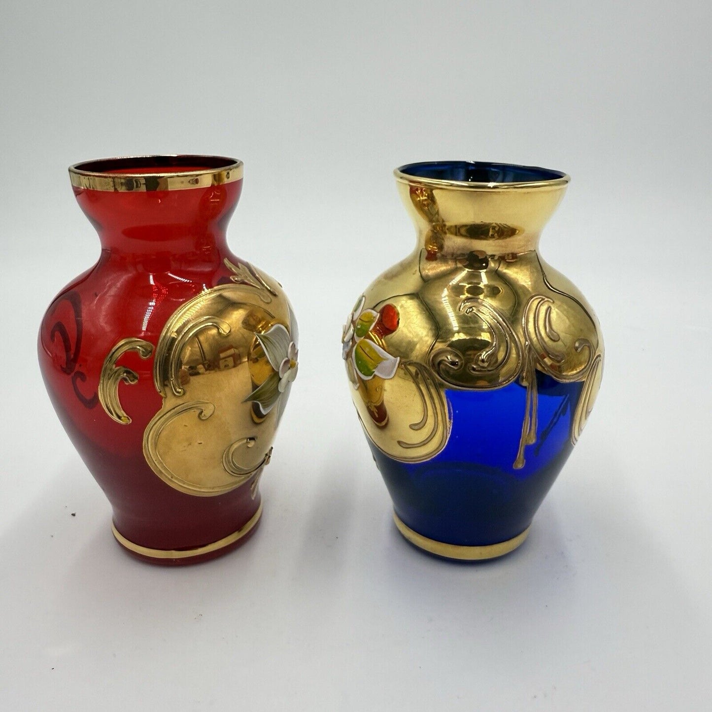 Vintage Murano Art Glass Vecchia Italy Ruby & Cobalt Gold Mini Vases 4.5” Set 2