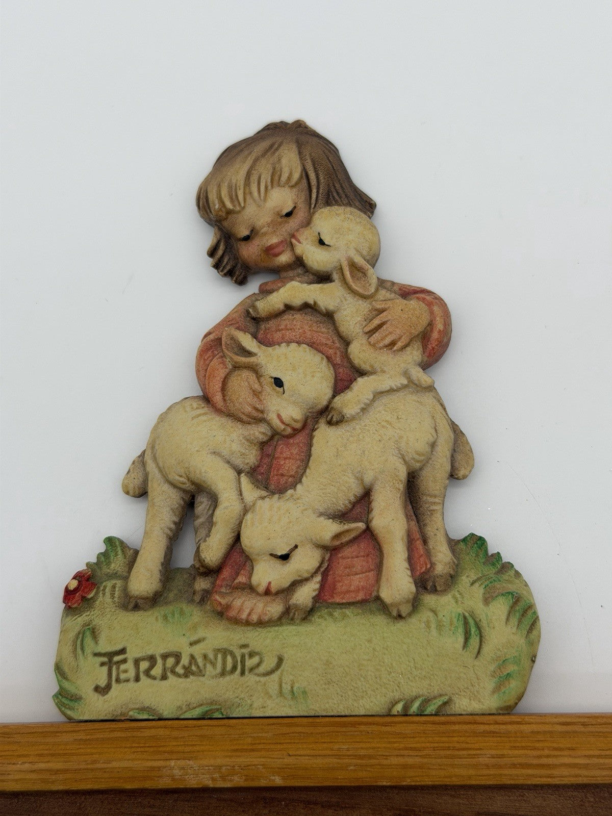 ANRI Ferrandiz Italy wood carving nursery wall decor child w/ lambs abacus