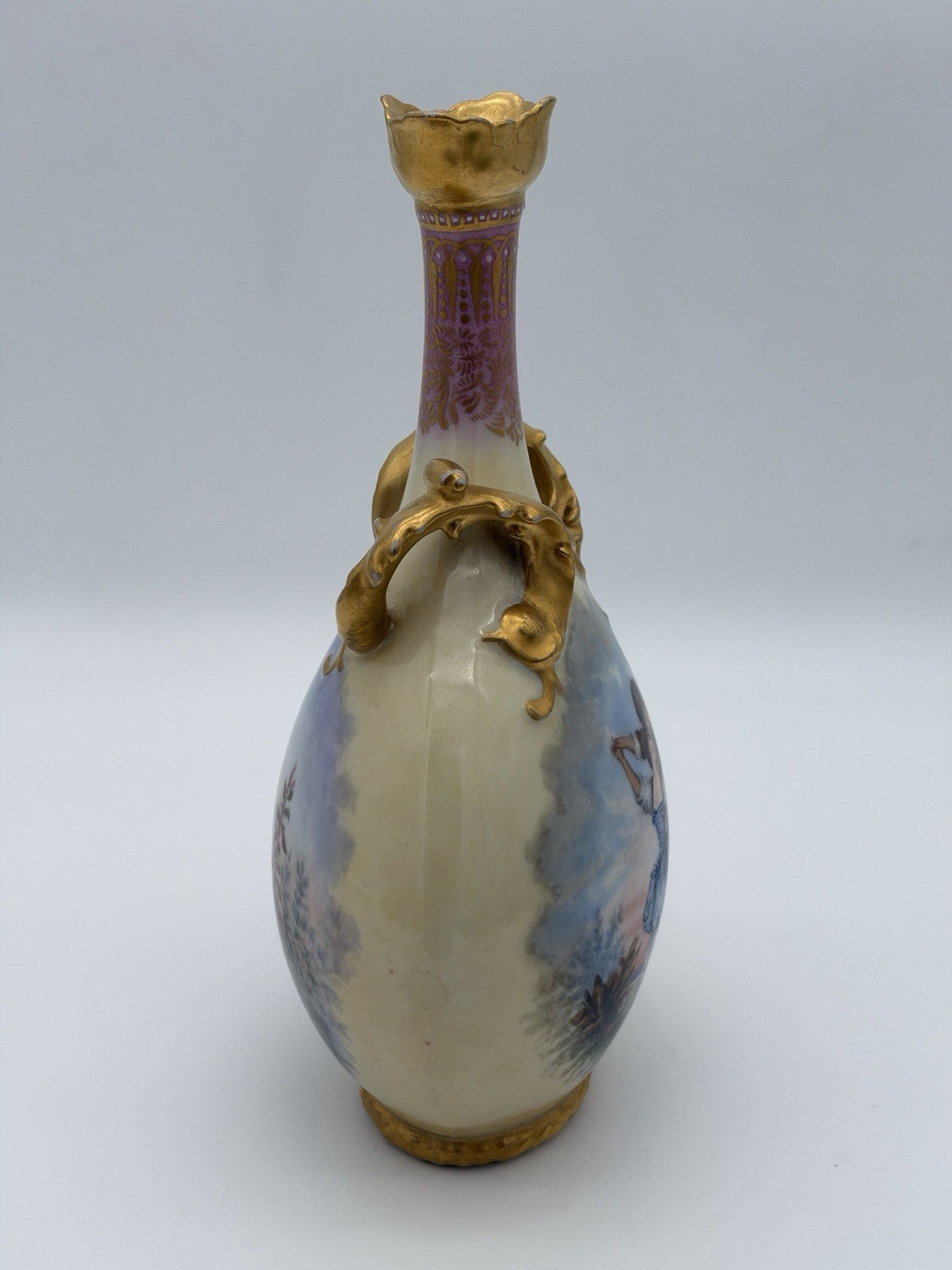 Antique Elite Limoges France Jean Pouyat C.1900 Porcelain 10” Handled Gold Vase