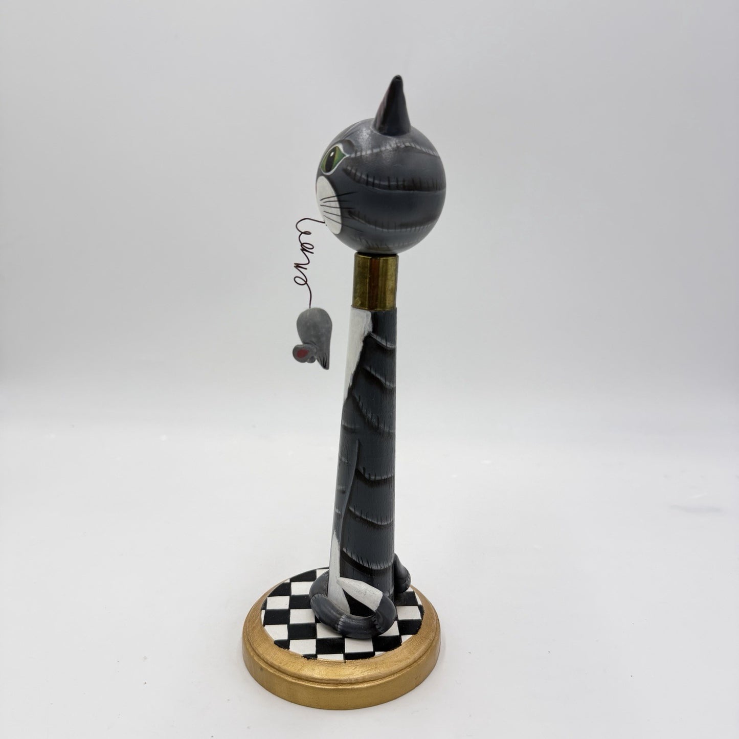 Vintage Folk Art American Spindle Art Cat With Mice Wood Carved 10.5in