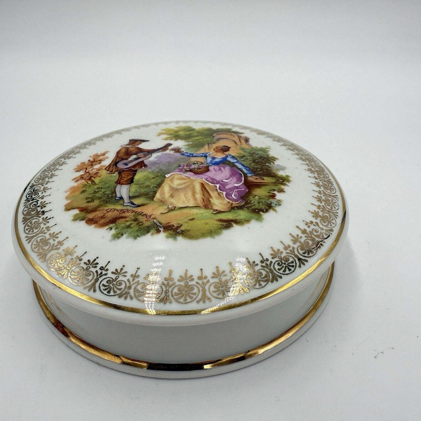 Vintage Limoges France Porcelain Fragonard Art Covered Trinket Box Gold Romantic