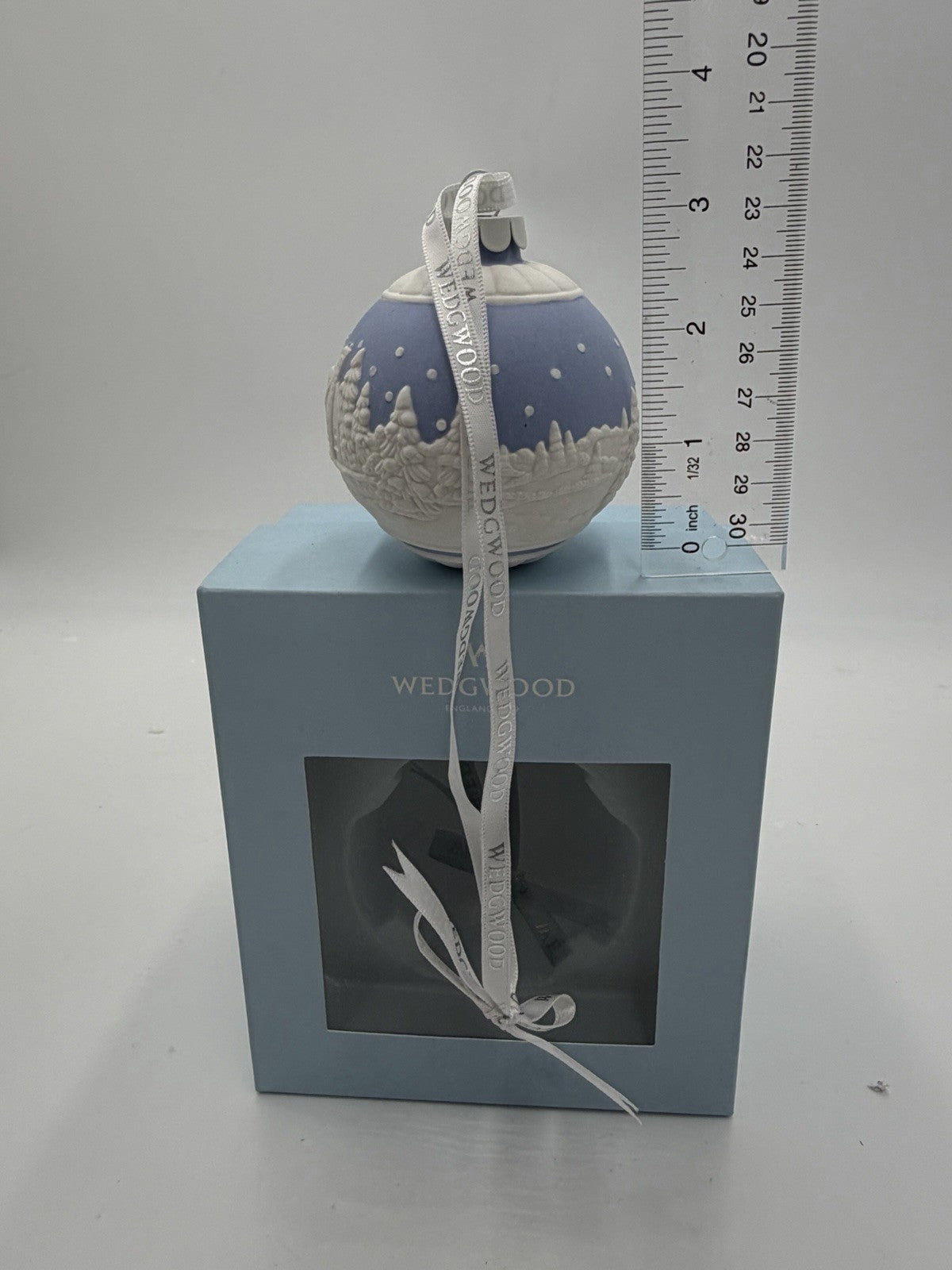 Wedgwood Jasperware Blue Sleigh Ride Santa Christmas Ball Ornament Boxed