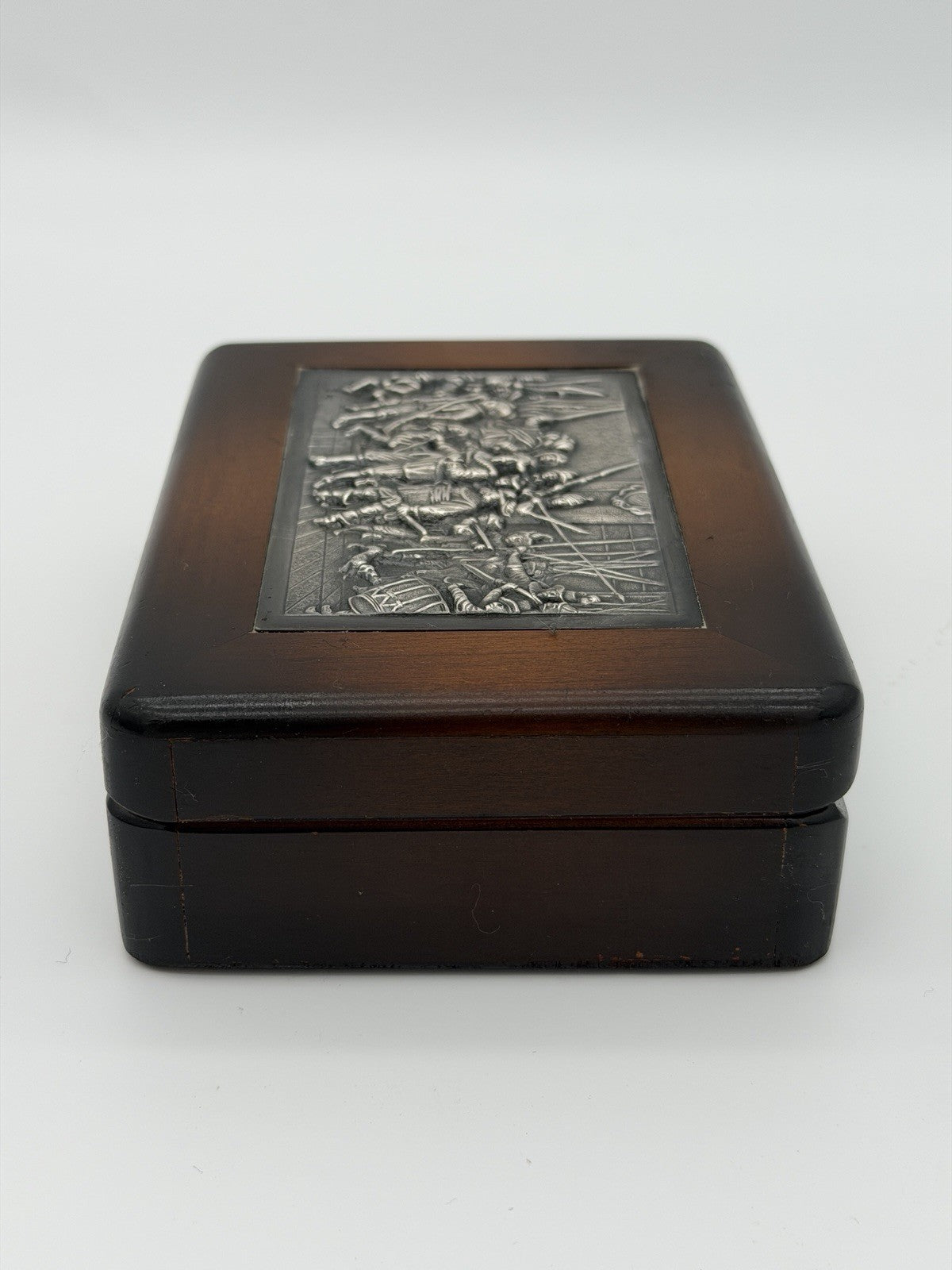 Antique Dutch Silver Mounted Wood Box Keepsake Folk Art Rembrandt’s Night Watch