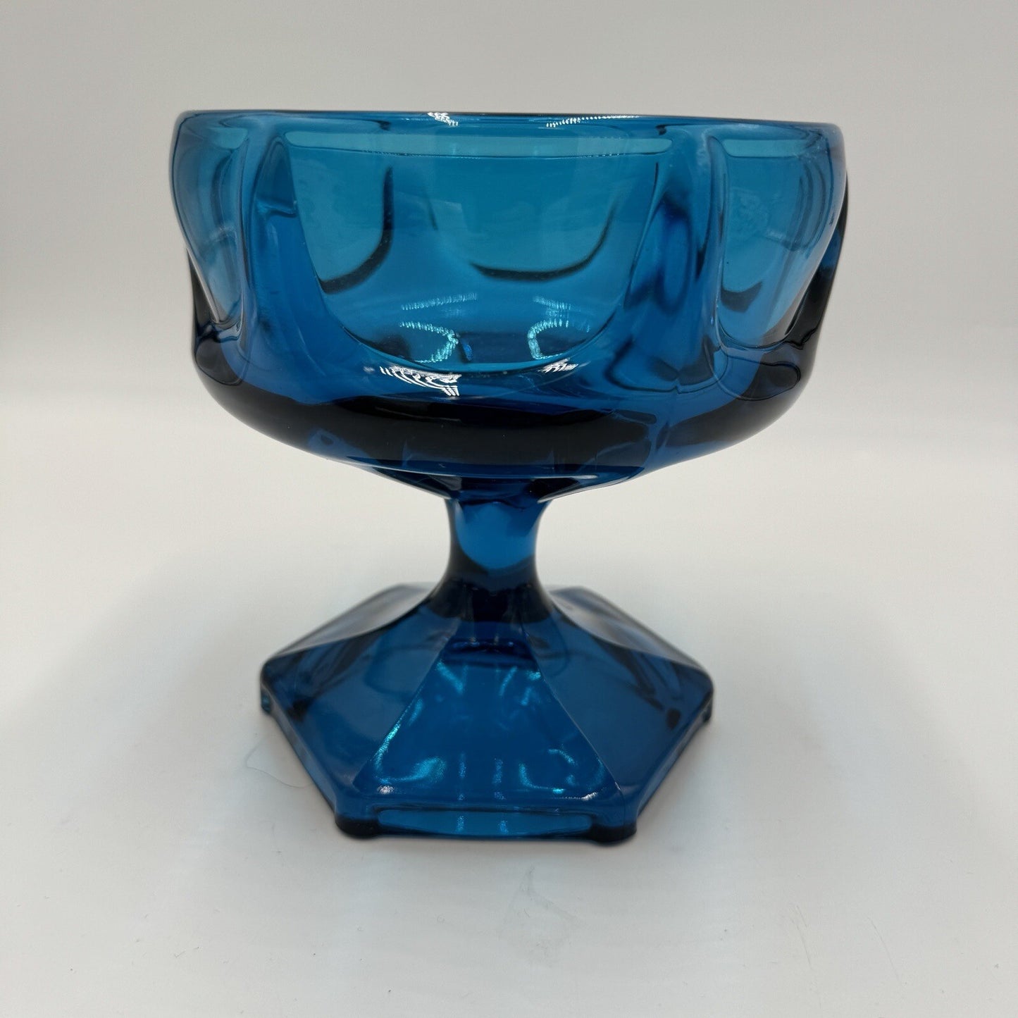 MCM Viking Candy Dish Blue Art Glass 1960s Bluenique Pedestal 6in Beautiful