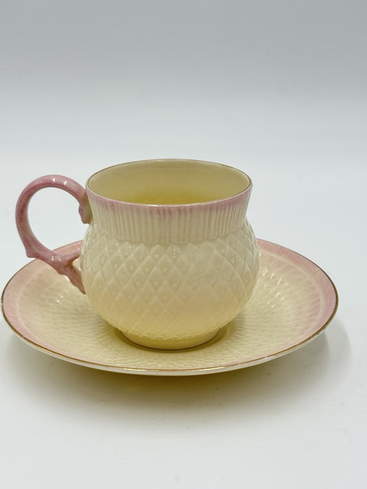 Vintage Belleek Pink Thistle Teacup & Saucer Irish Porcelain Demitasse 1980 Set