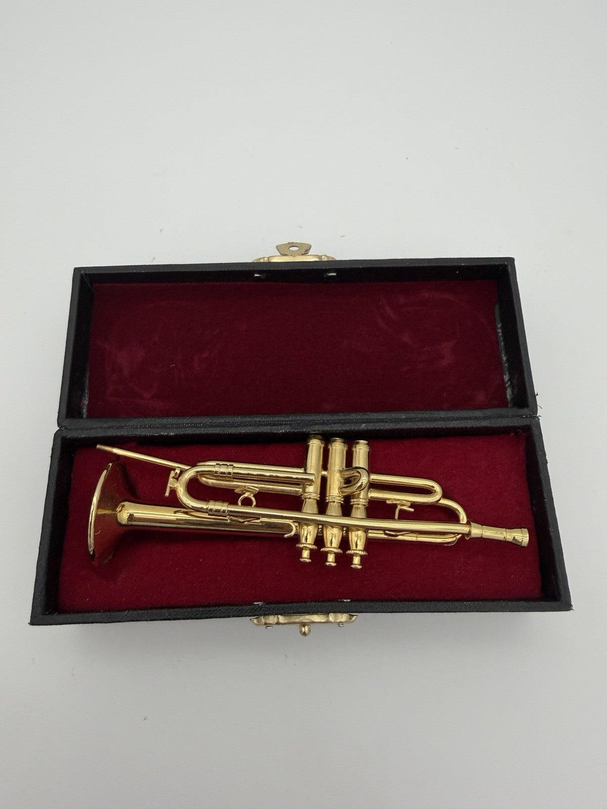 Broadway brand 5” miniature trumpet Instrument Brass figurine W/case & Stand Vtg