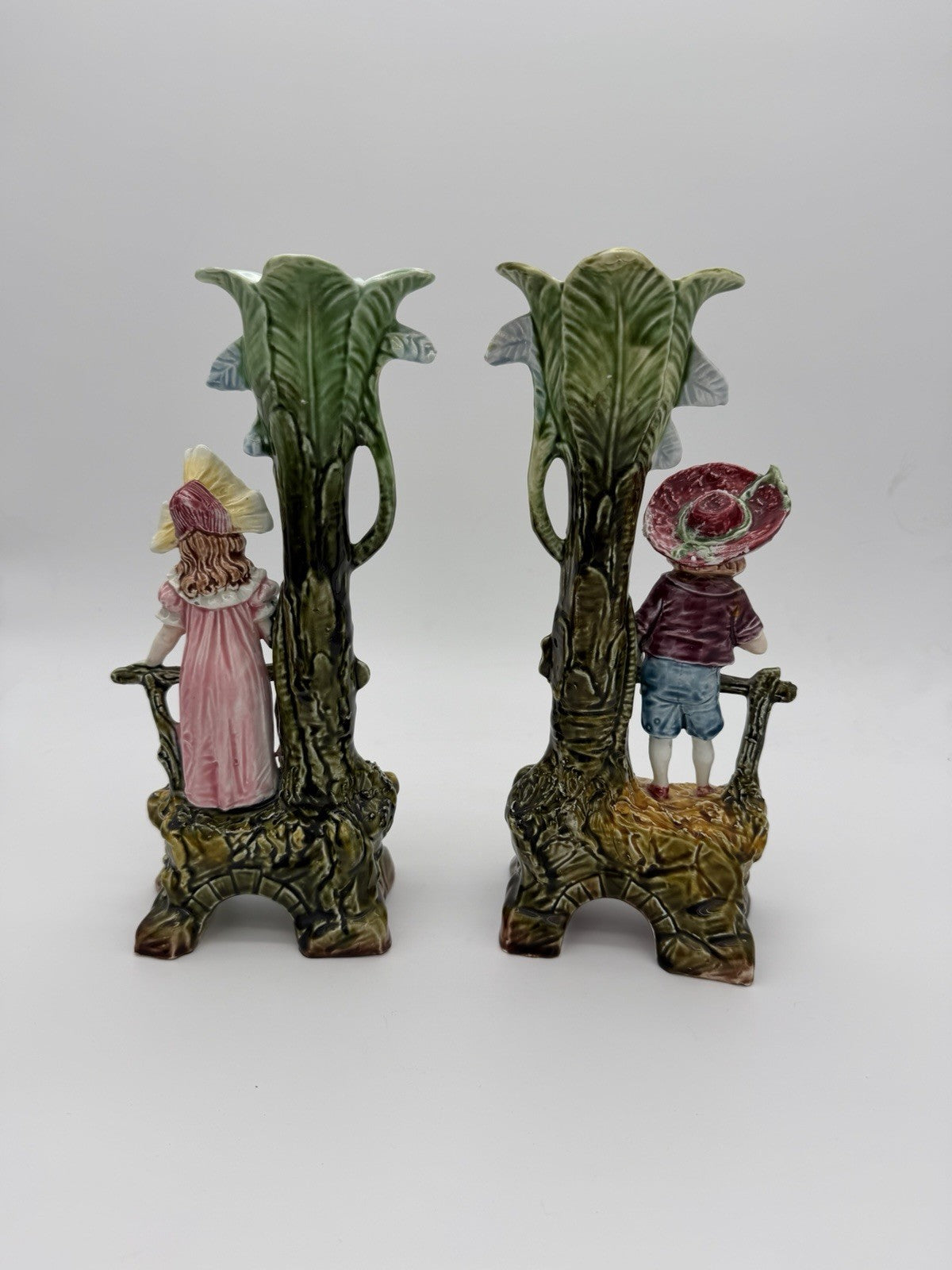 Antique Brothers Urbach Teplitz Bohemian Austrian Majolica Boy Girl Vase 11”