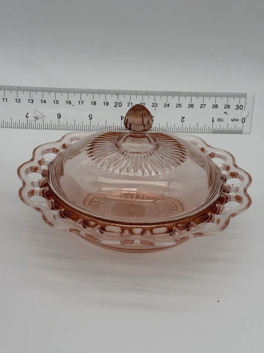 Vtg Anchor Hocking Art Glass Old Colony Lace Edge Pink Depression Butter Dish