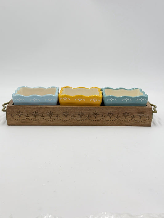 The Pioneer Woman FLORAL MEDLY Four Piece Condiment Set w/Wooden Tray Country