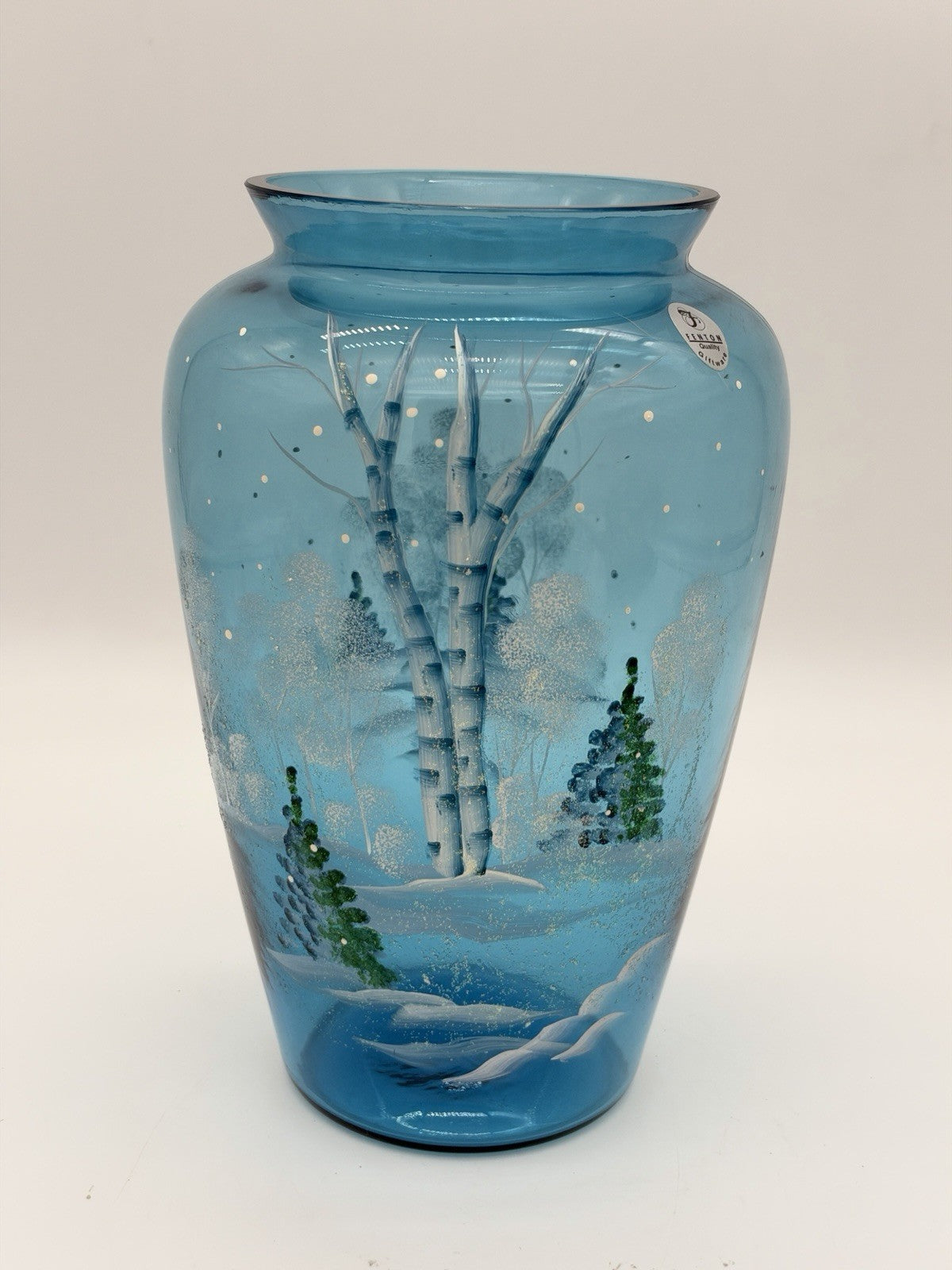 Fenton Art Glass Quality Blue Hand Painted Winter Christmas Scene Vase 8.5”H