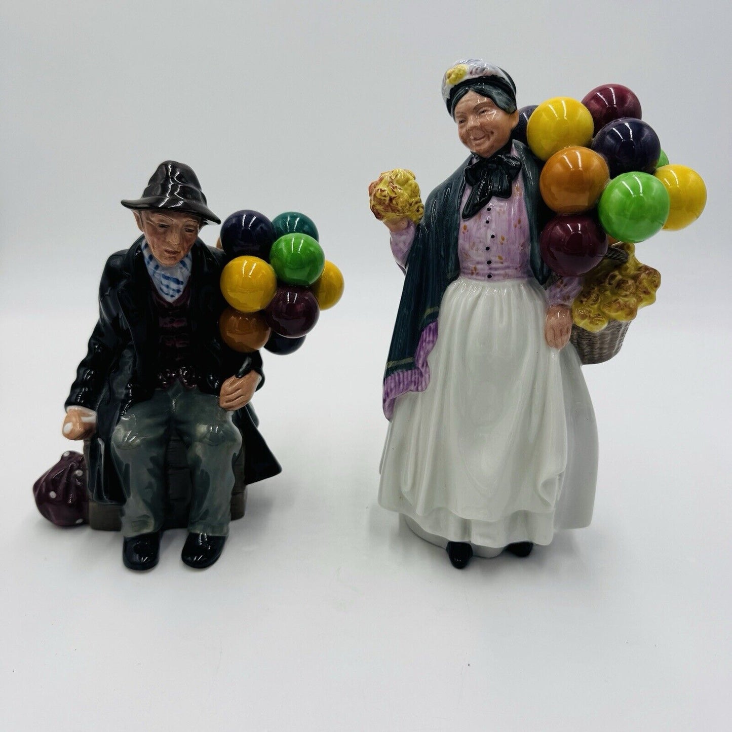 Vintage Royal Doulton England Porcelain Ballon Man & Biddy Pennyfarthing Figures