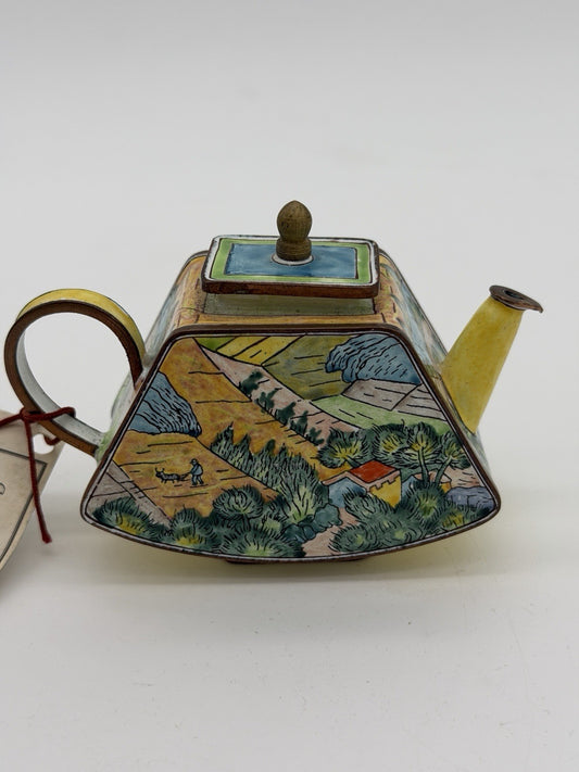 Kevin Chen Hand Painted LANDSCAPE W/ PLOUGHMAN ENAMEL #382 Miniature Teapot COA