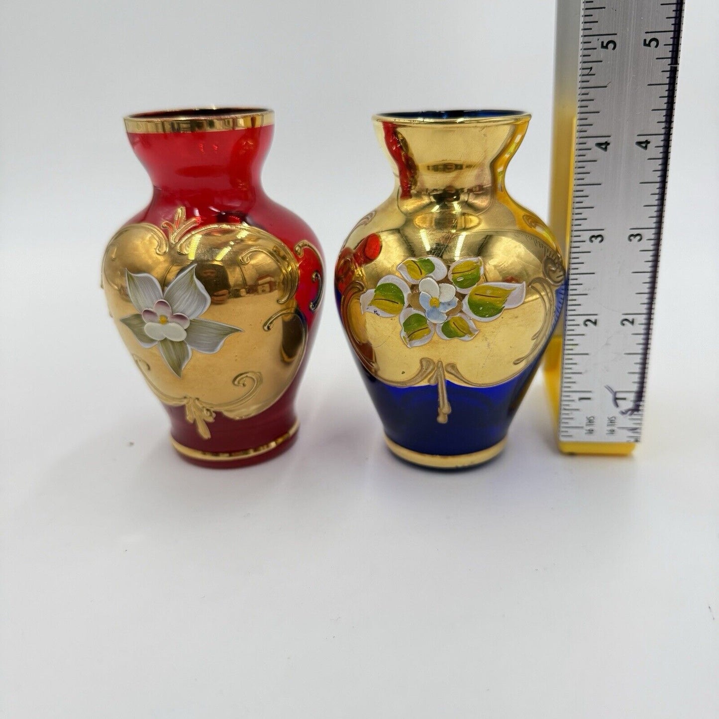 Vintage Murano Art Glass Vecchia Italy Ruby & Cobalt Gold Mini Vases 4.5” Set 2