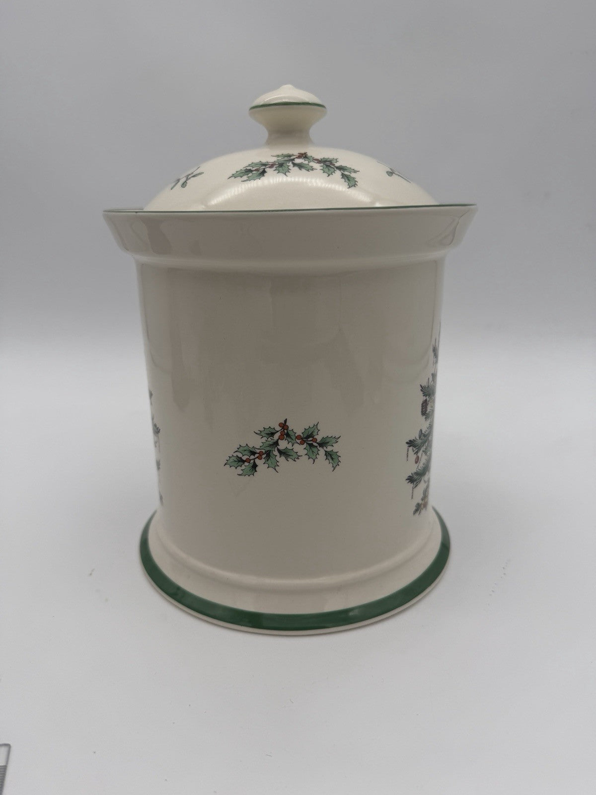 Spode Christmas Tree Canister Cookie Jar W/Rubber Seal On Lid 9”H Vtg England