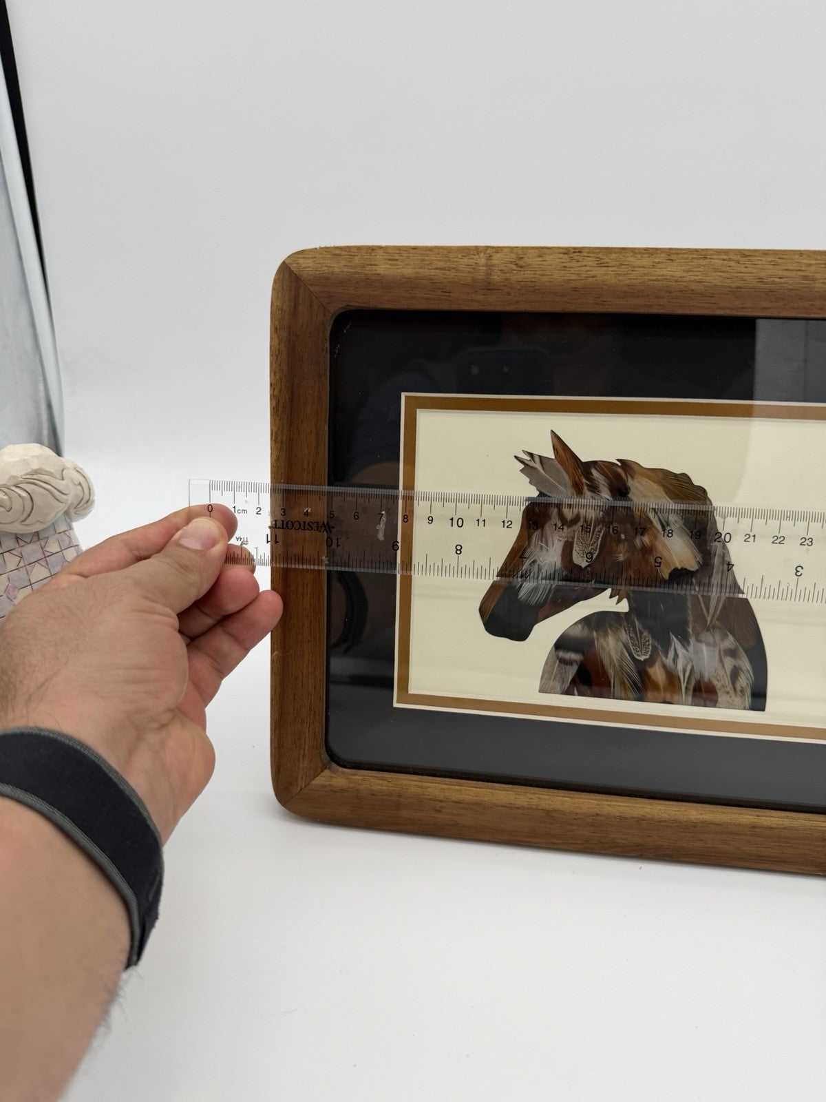 Folk Art Feathers Art Horse Wall Hanging Framed Art Wood Frame 11”x9”