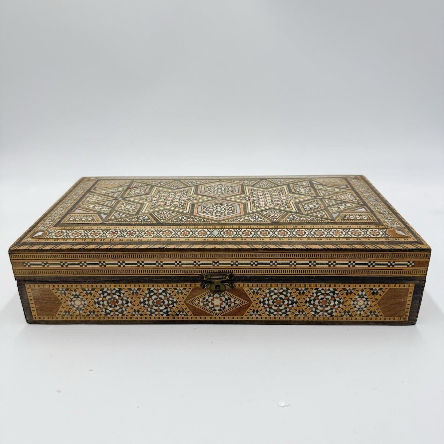 1950 Middle East Marquetry Mosaic Wood Inlaid Pearl Box Backgammon Inside