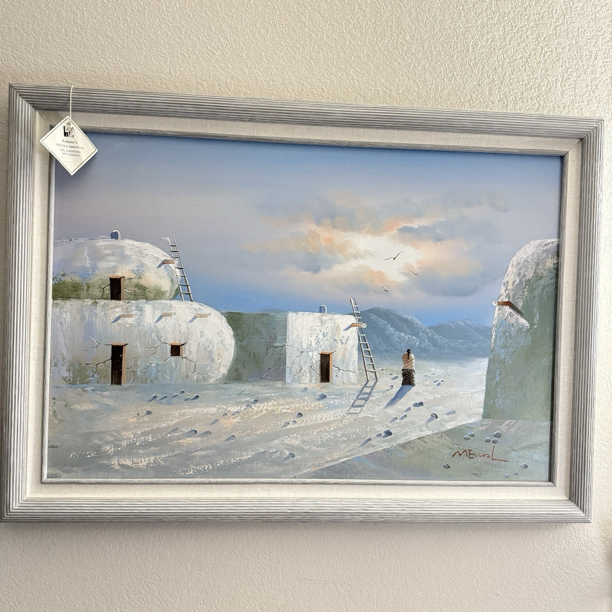 K. Mescal Oil Painting On Canvas Southwest Native American Town Sunset 29”x 41”