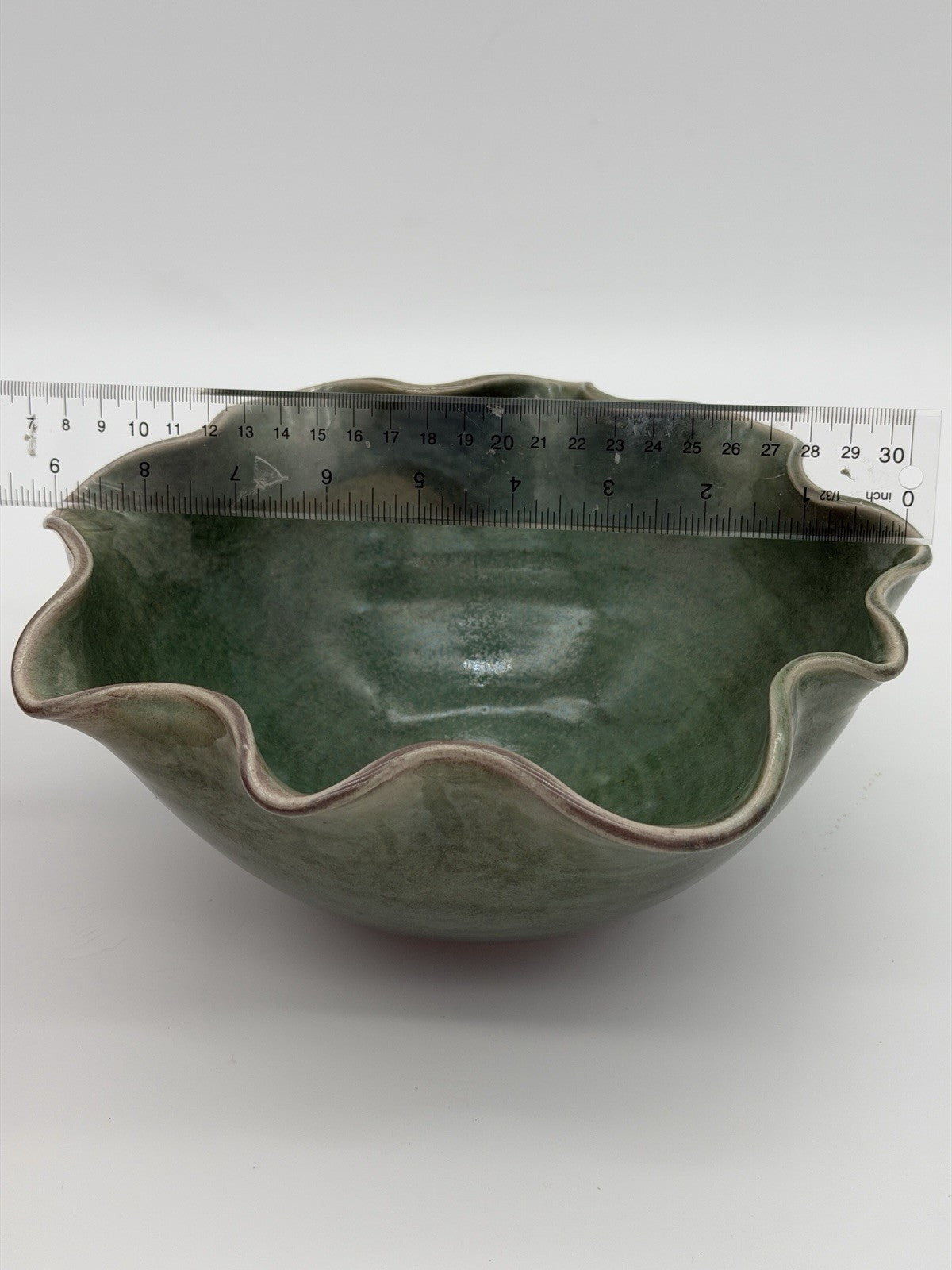 ROBBIE BREAUX Studio Art Pottery Green Large Centerpiece Bowl Ruffled Signed