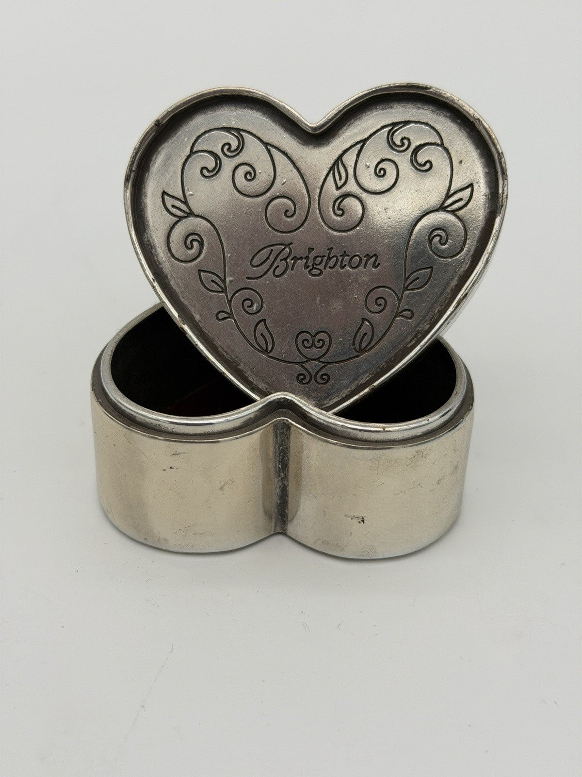 Vintage Brighton Silver Tone Trinket Box Heart Shape Leather Accents Jewelry Box