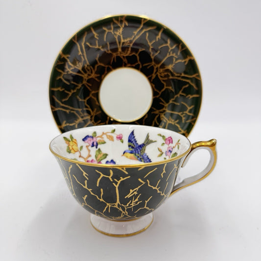 Aynsley Bone China Pembroke Pattern English Dark Green Floral Bird Crackle-like